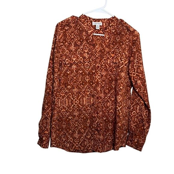 Calvin Klein Blouse Women's Small V-Neck Printed Long Sleeve Button Up Top - Picture 1 of 10